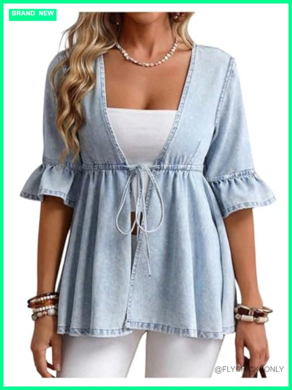 Plus Size Peplum Denim Jacket Tie Front Deep V Neck Half Sleeve Ruffle